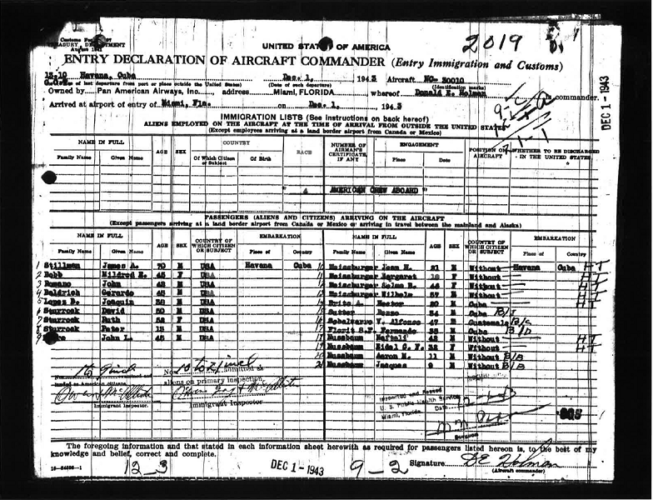 Entry Declaration for the Weisburger Family -1943